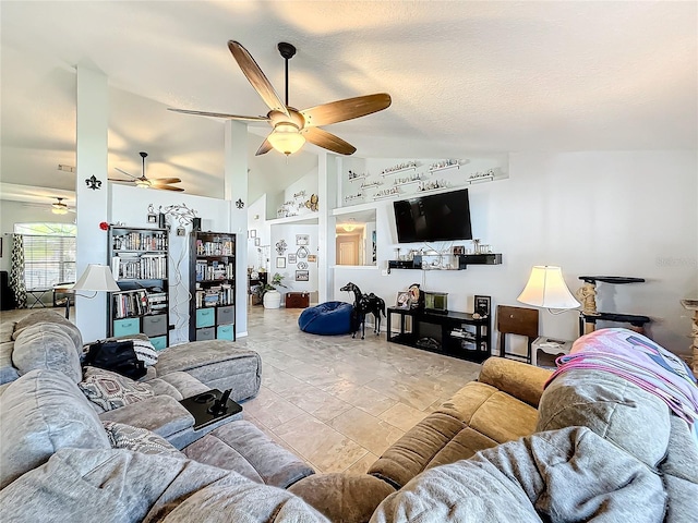 living room featuring ceiling fan, light tile patterned floors, high vaulted ceiling, and a textured ceiling