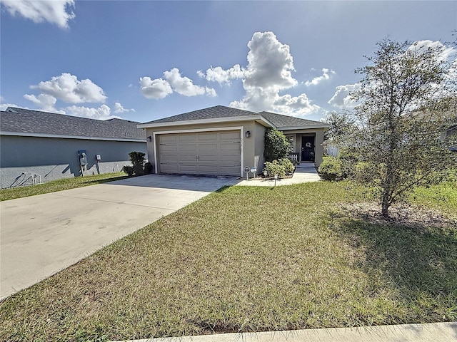 single story home featuring a front yard and a garage