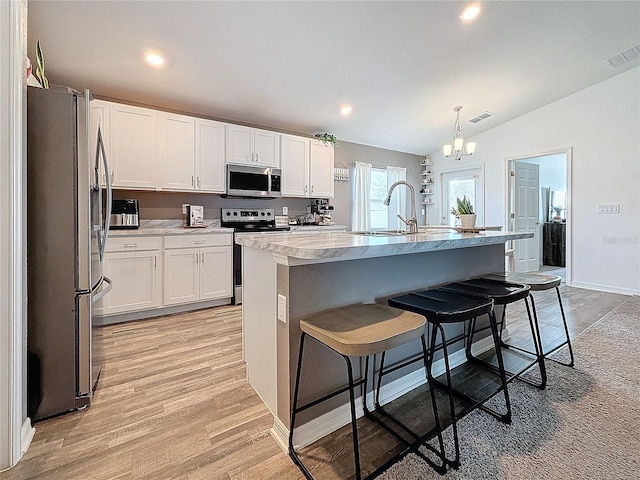 kitchen featuring lofted ceiling, white cabinets, an island with sink, decorative light fixtures, and stainless steel appliances