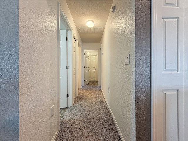 hallway featuring carpet and a textured ceiling