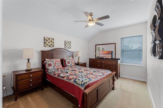 carpeted bedroom featuring ceiling fan and lofted ceiling