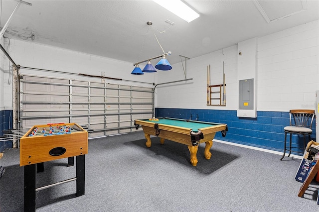 game room with electric panel and billiards