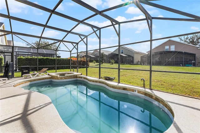 view of pool with an in ground hot tub, a patio, a yard, and glass enclosure