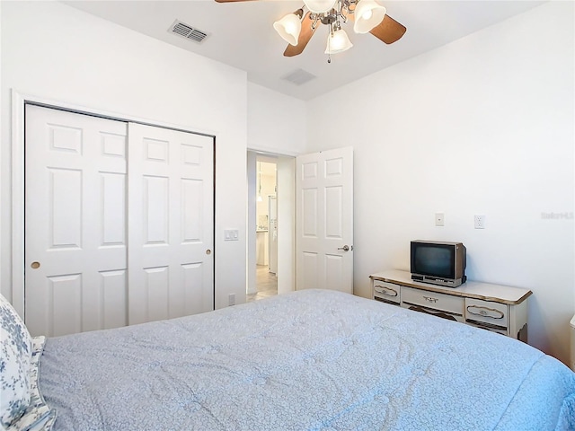 bedroom with ceiling fan and a closet