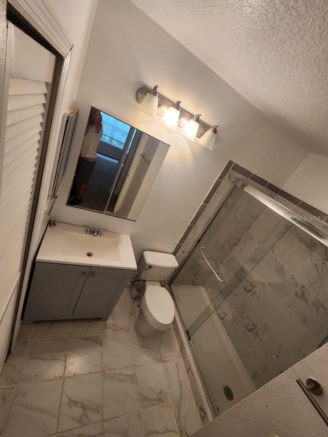 bathroom with vanity, toilet, a shower with door, and a textured ceiling