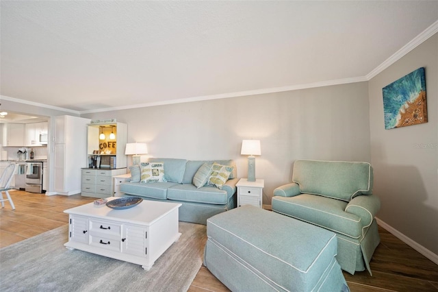 living room featuring crown molding and light hardwood / wood-style flooring