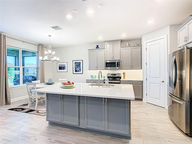 kitchen featuring gray cabinetry, an inviting chandelier, an island with sink, decorative light fixtures, and stainless steel appliances