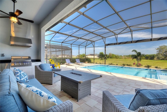 view of pool featuring outdoor lounge area, a lanai, a grill, area for grilling, and a patio