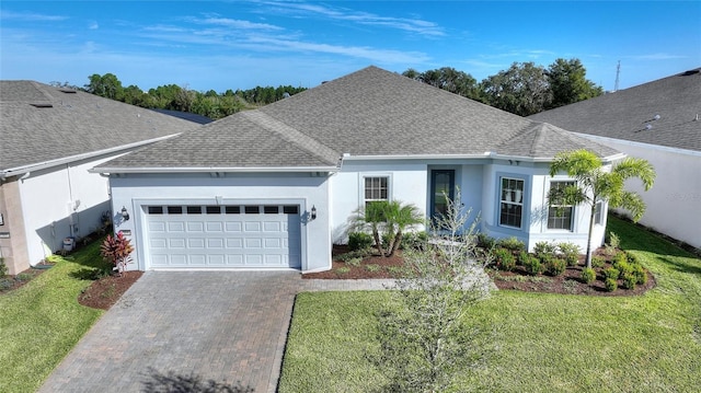 ranch-style house with a front lawn and a garage