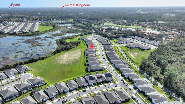 bird's eye view with a water view