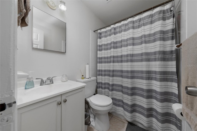 bathroom with tile patterned flooring, vanity, and a shower with shower curtain