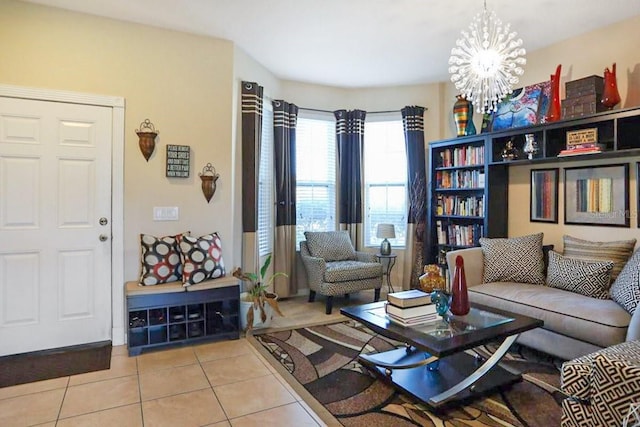 tiled living room featuring a notable chandelier