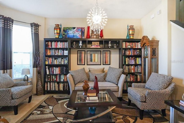 sitting room with an inviting chandelier