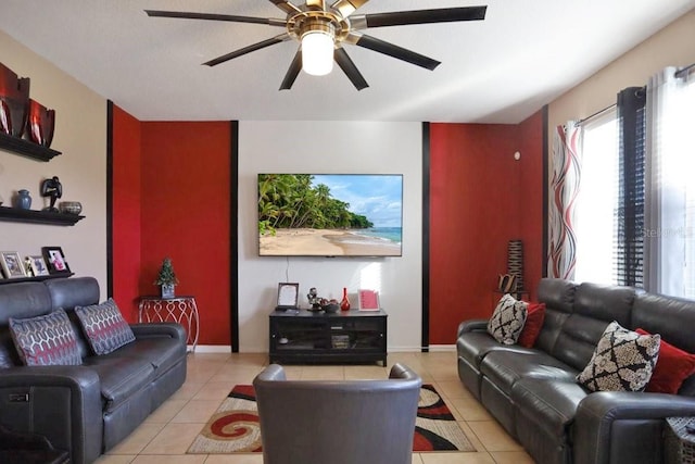 living room featuring ceiling fan and light tile patterned floors