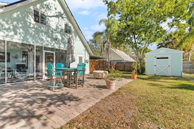 exterior space with a shed