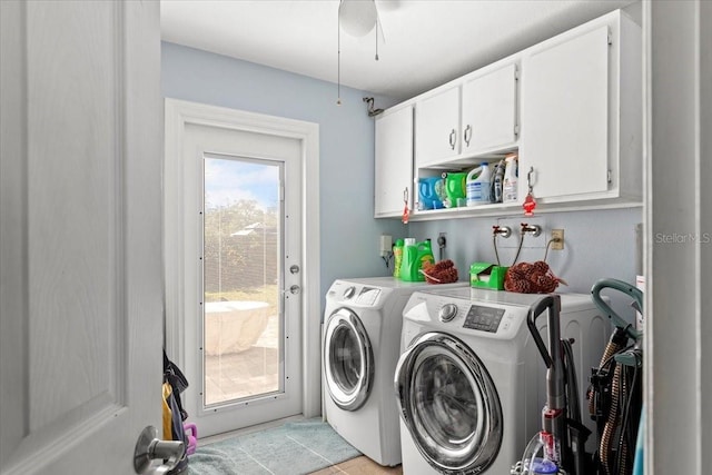 laundry area featuring cabinets, light tile patterned floors, washer and dryer, and ceiling fan