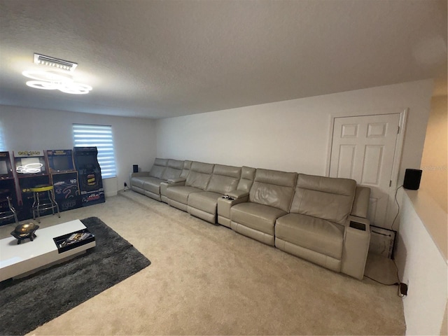 living room with carpet flooring and a textured ceiling