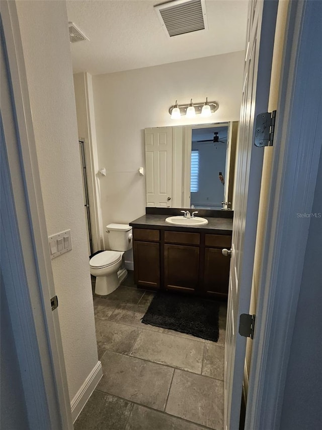 bathroom with ceiling fan, vanity, and toilet