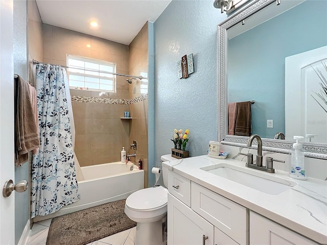 full bathroom featuring tile patterned floors, vanity, toilet, and shower / bathtub combination with curtain