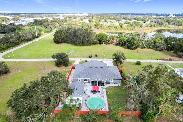 bird's eye view with a water view