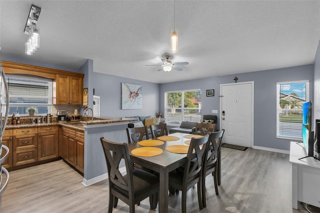 dining space with ceiling fan, sink, light hardwood / wood-style floors, and a textured ceiling