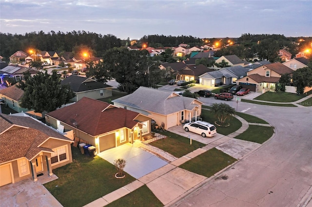 view of aerial view at dusk