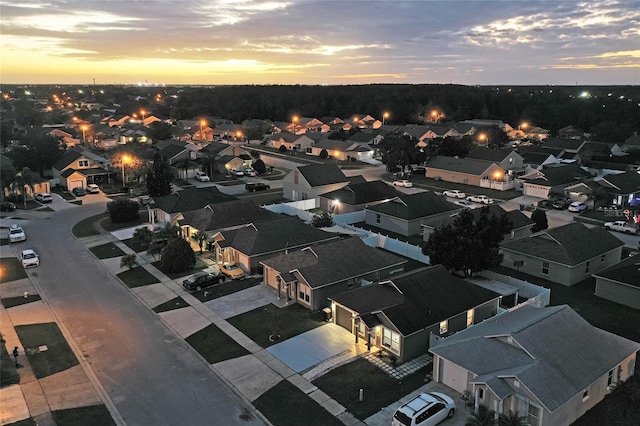 view of aerial view at dusk