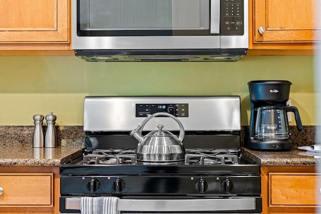 kitchen with dark stone countertops and stainless steel appliances