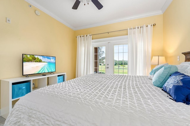 bedroom with access to outside, ceiling fan, and ornamental molding