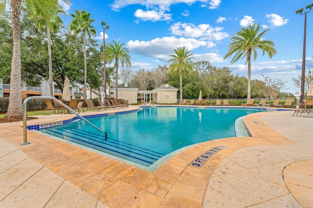 view of swimming pool with a patio area