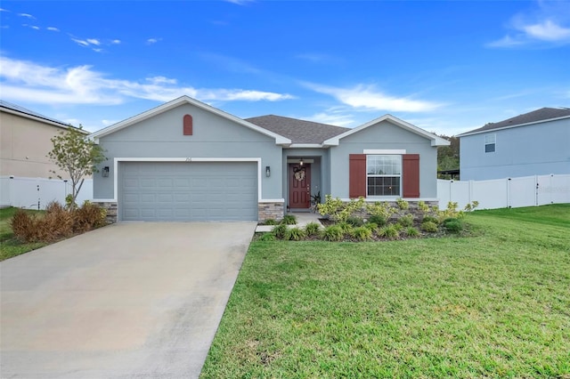 ranch-style house with a front yard and a garage