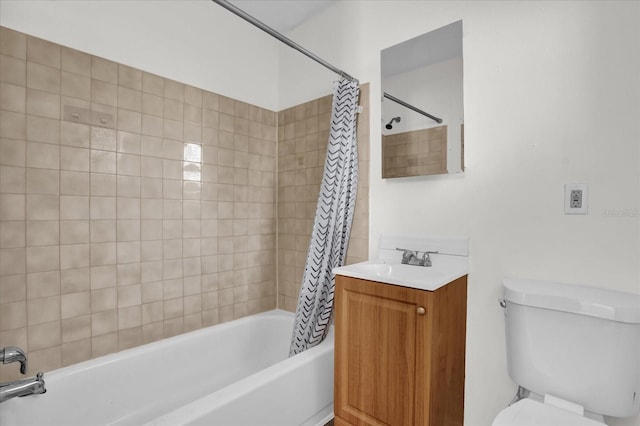 full bathroom with shower / bath combination with curtain, toilet, and vanity