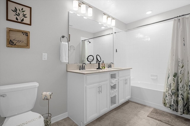 full bathroom with toilet, vanity, tile patterned flooring, and shower / bath combination with curtain