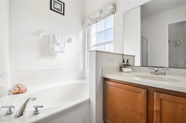 bathroom featuring a washtub and vanity