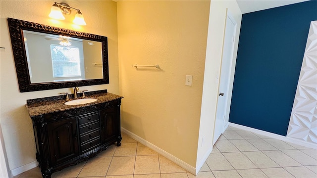 bathroom featuring tile patterned flooring, vanity, and ceiling fan