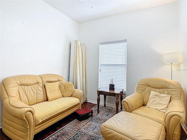 living room with dark hardwood / wood-style flooring