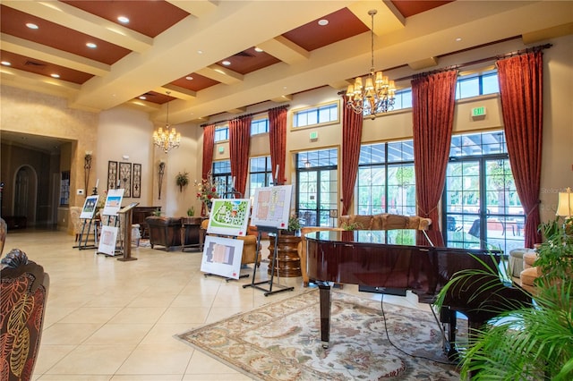 misc room with beam ceiling, light tile patterned floors, a towering ceiling, and an inviting chandelier