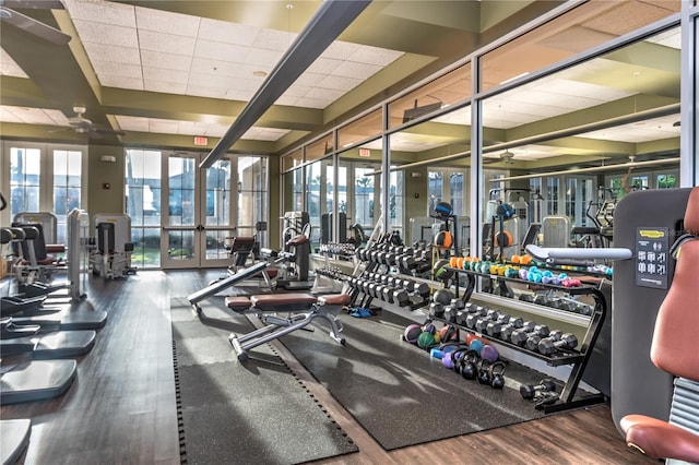 workout area with hardwood / wood-style floors, ceiling fan, and a paneled ceiling