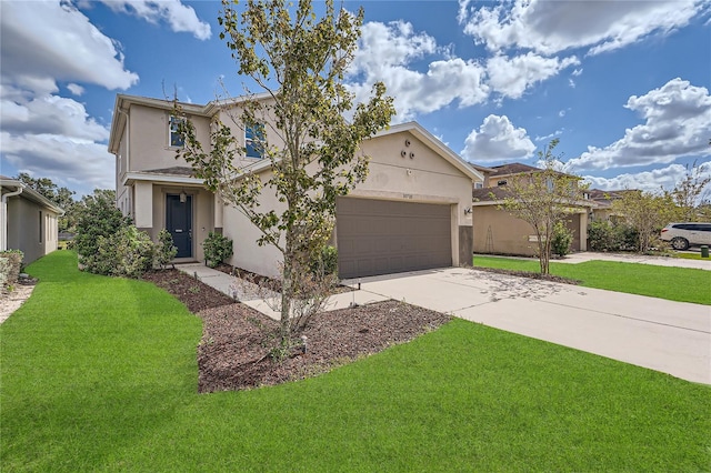 view of front facade with a front yard and a garage