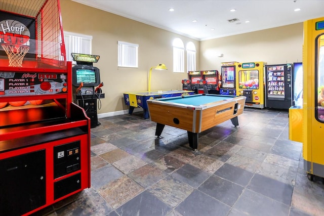 recreation room featuring crown molding and billiards