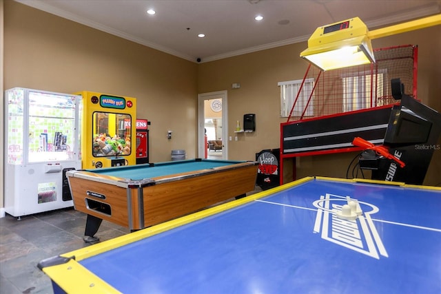 playroom featuring crown molding and billiards