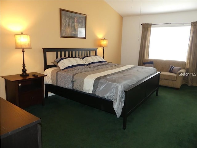 bedroom featuring dark colored carpet