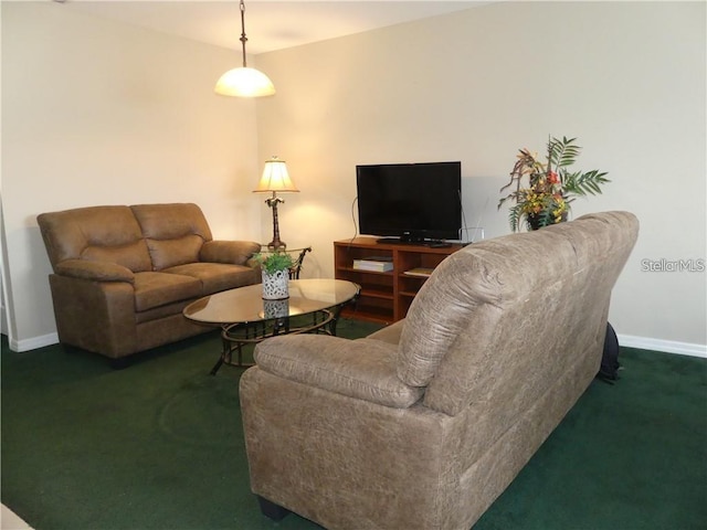 living room featuring dark carpet