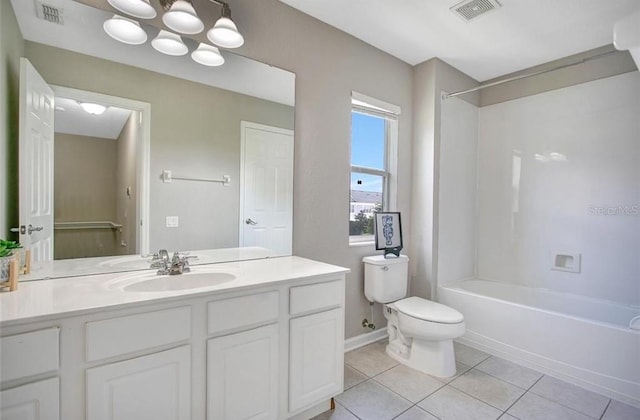 full bathroom with vanity, tile patterned flooring, toilet, a notable chandelier, and shower / bathtub combination