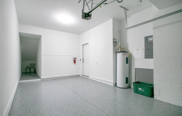 garage with electric water heater, electric panel, and a garage door opener