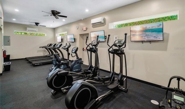 workout area with ceiling fan, an AC wall unit, and electric panel