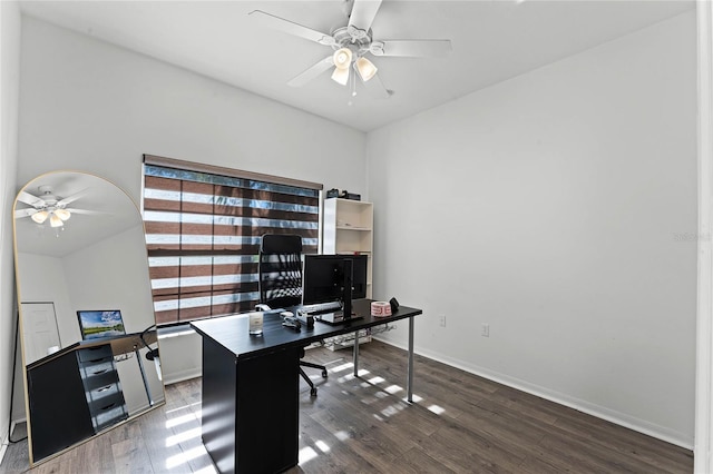 office area featuring ceiling fan and dark wood-type flooring