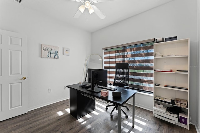 office area with ceiling fan and dark wood-type flooring