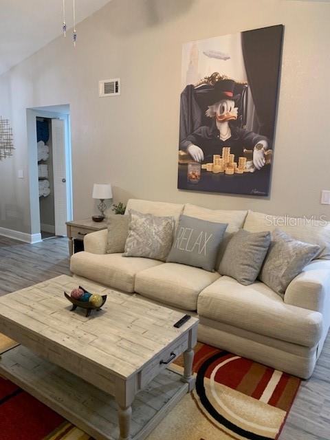 living room featuring wood-type flooring and vaulted ceiling