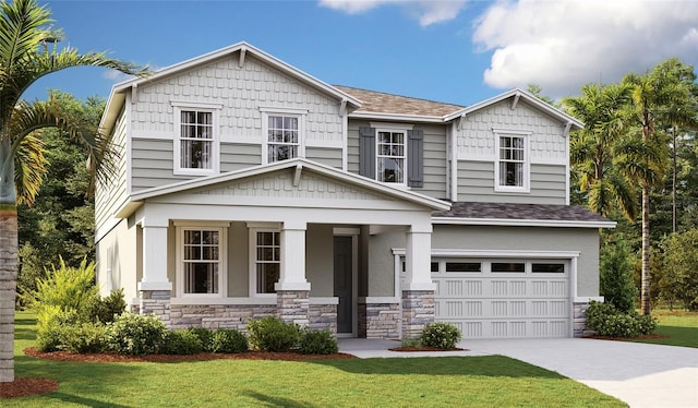 craftsman-style home featuring a front yard, a porch, and a garage